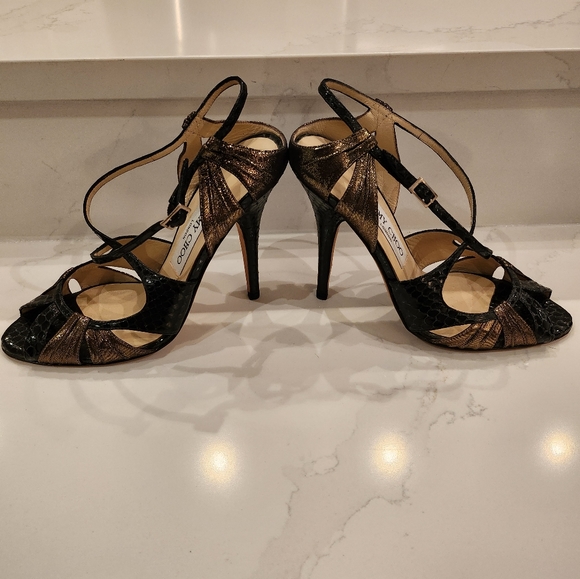 Jimmy Choo Black/Gold Disco Snakeskin  T-Strap heels size 37 - Picture 8 of 11